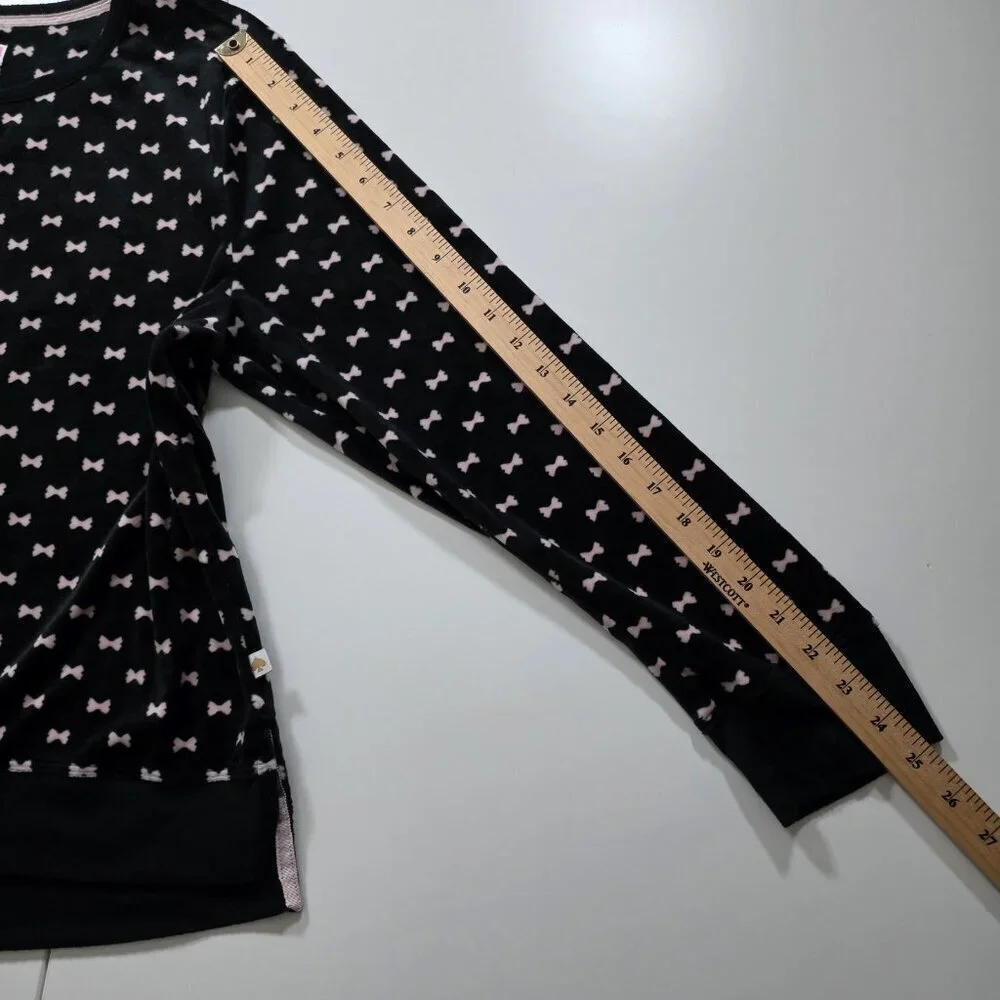 Kate Spade Pajama Set Womens L Black Pink Bow Tie Pattern Pockets Fleece Boho